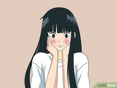 A drawing of an anime character holding her cheeks and blushing.